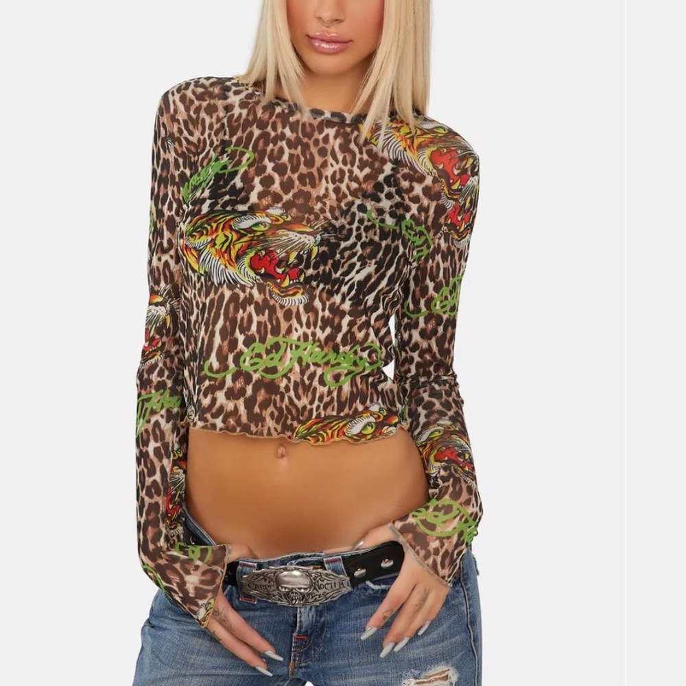 Dolls Kill Ed Hardy Long Sleeve Mesh Leopard Print Top